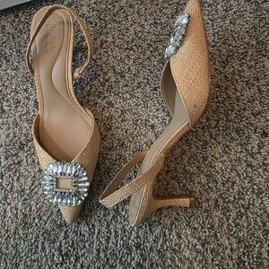 Elegant Tan Slingback Heels with Crystal Embellishment
